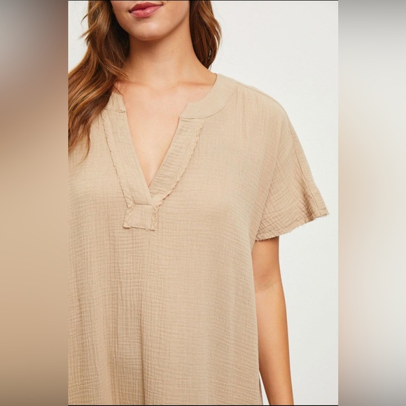 Latte Linen Short Sleeve Hi-Low Midi Tunic Dress - Picture 2 of 4